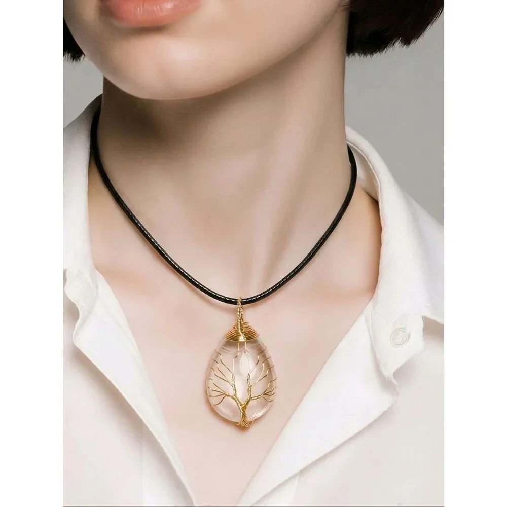 Tree of Life Clear Quartz Teardrop Wire Wrapped Necklace Healing Crystal Jewelry